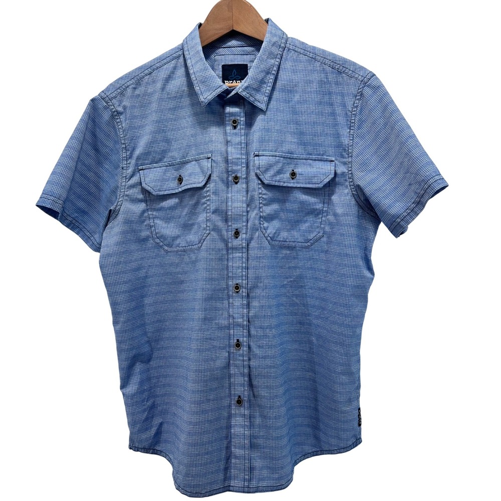Prana Short Sleeve Button Up Shirt Blue Plaid Casual Work Size M Chest‎ Pockets